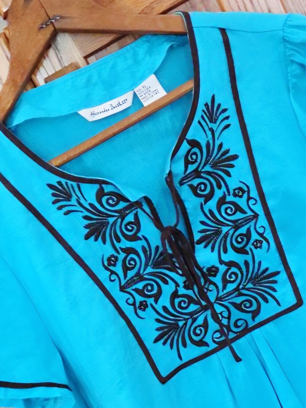 Alexandra Bartlett 100% Linen Embroidered Top XL Teal Brown Boho